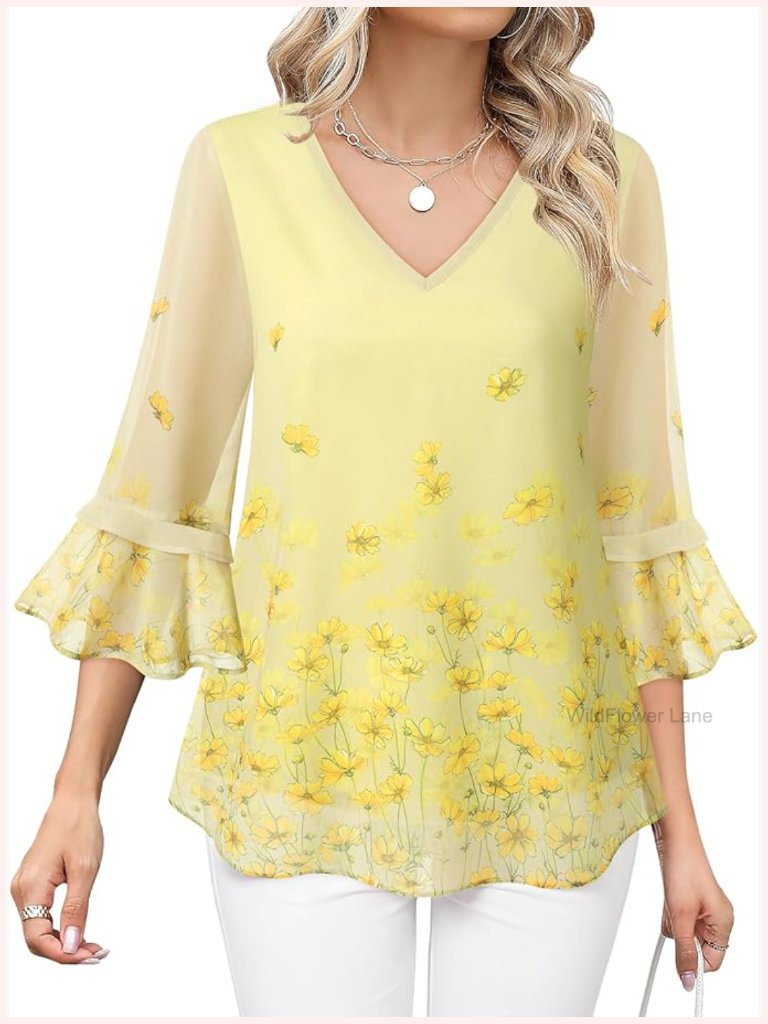 Womens Ruffle Sleeve Tunic Blouse Floral Chiffon Top Dressy Casual